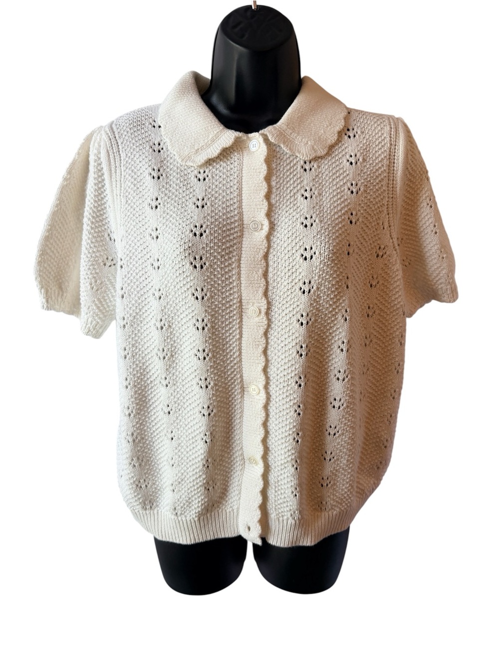 Free Assembly Women's Cotton Pointelle Cardigan Sweater with Short Sleeves - Picture 4 of 5